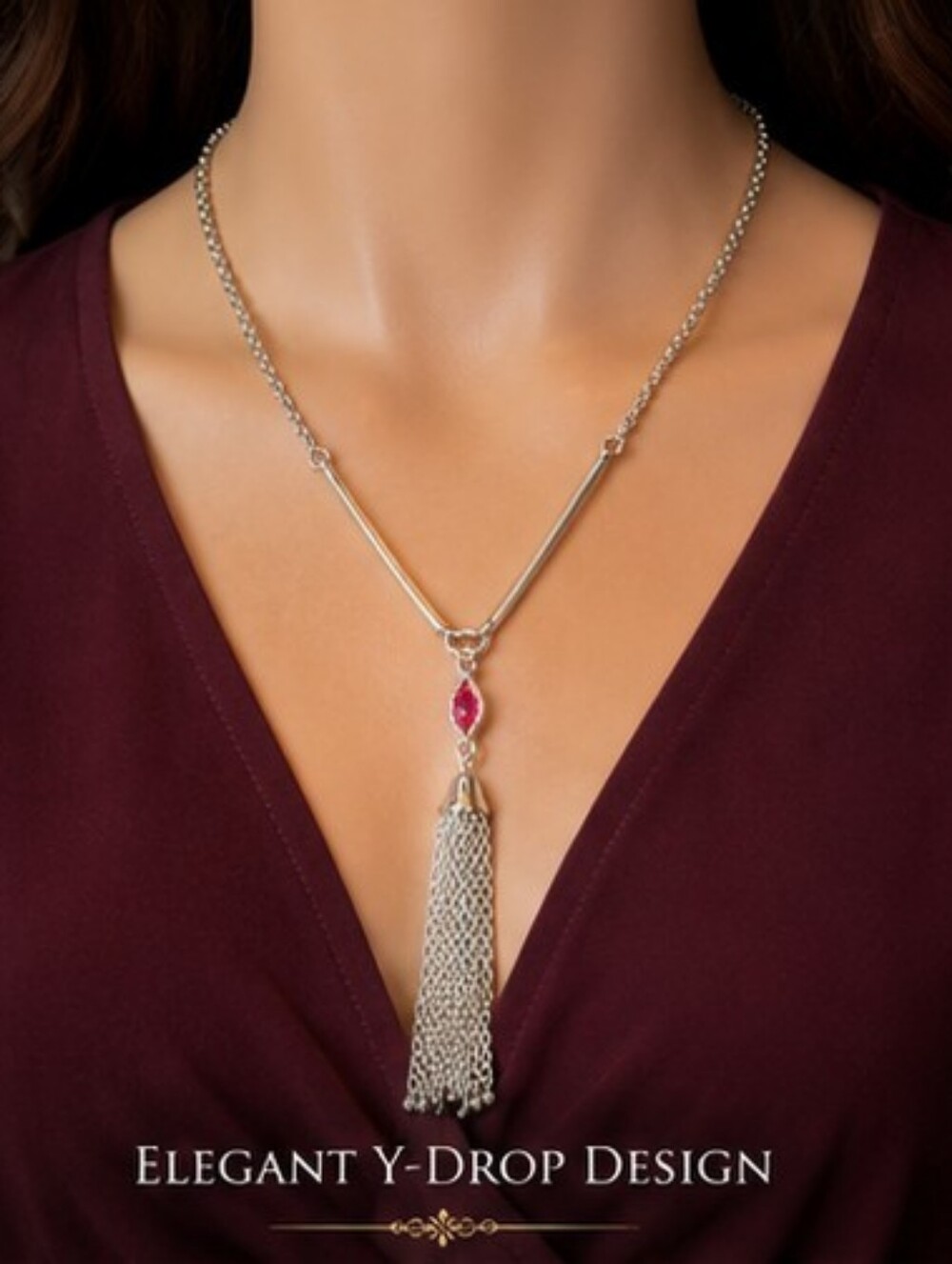 Vintage 70s Sarah Coventry Silver Tone Pink Glass Y Drop Tassel Necklace